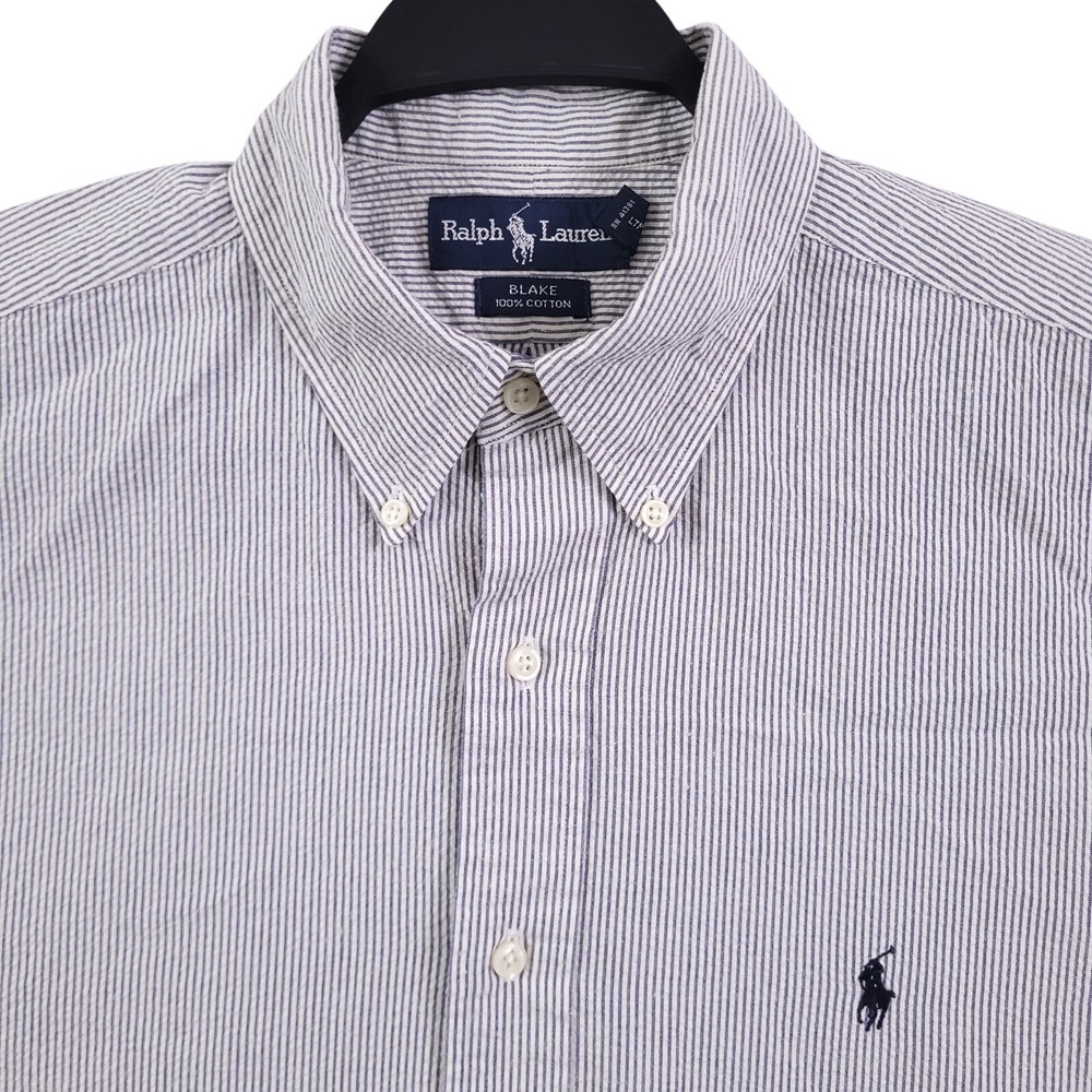 Ralph Lauren Blake Shirt Men XL Blue White Stripe Seersucker Short Sleeve VTG
